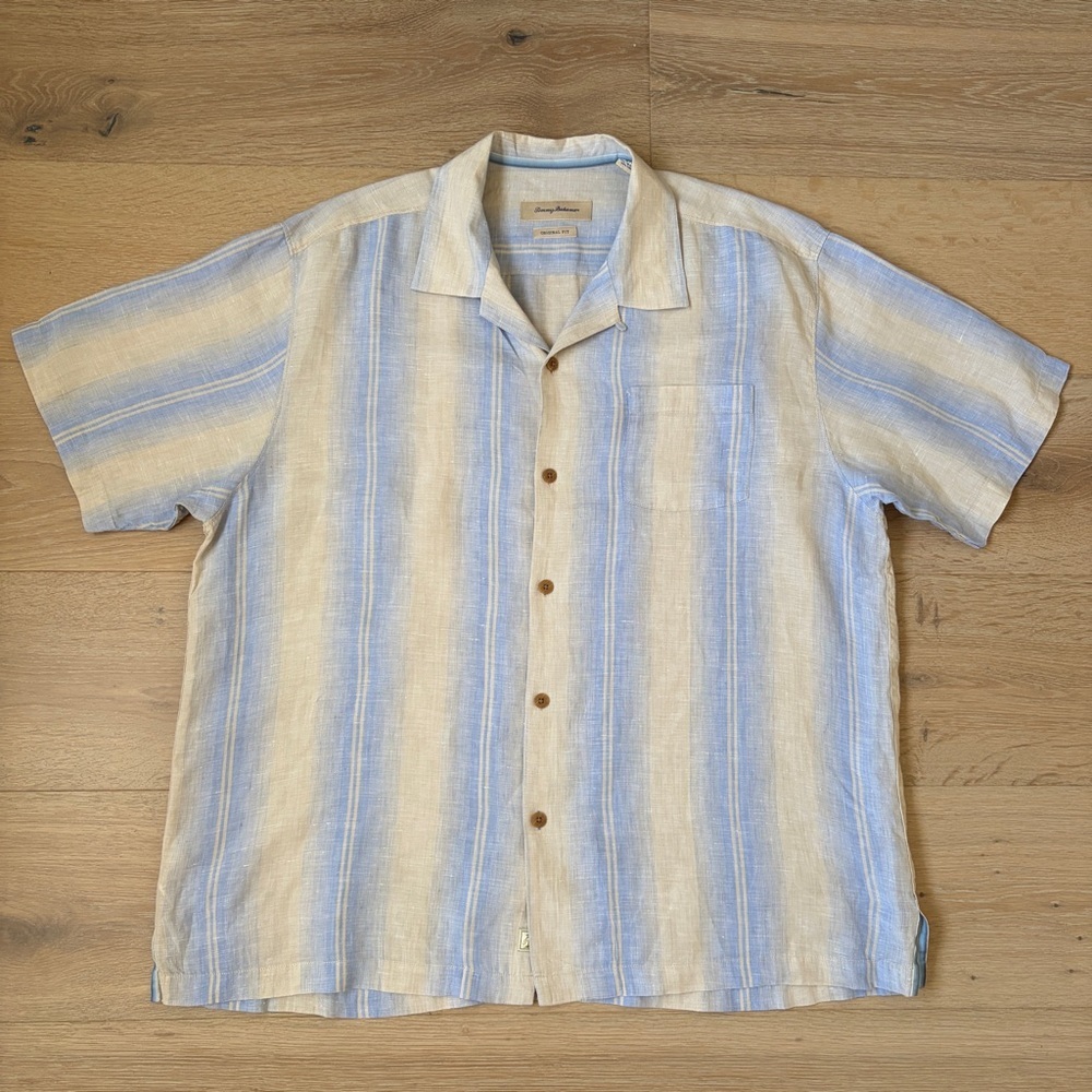 Tommy Bahama Linen Shirt Mens XL Blue Beige Striped Hawaiian Short Sleeve*P8